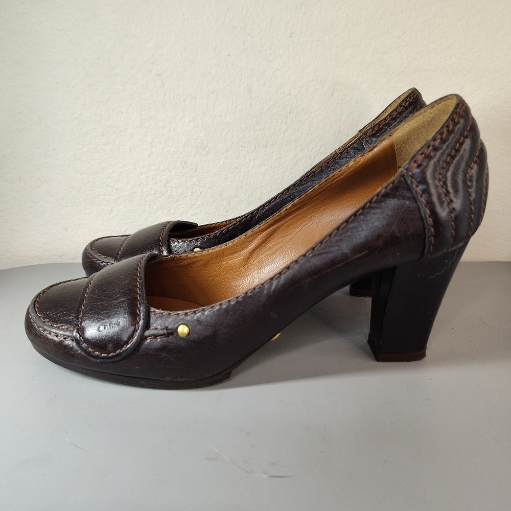 CHLOE Brown Leather Round Toe Block Heel Pumps Size EU 38.5 US 8
